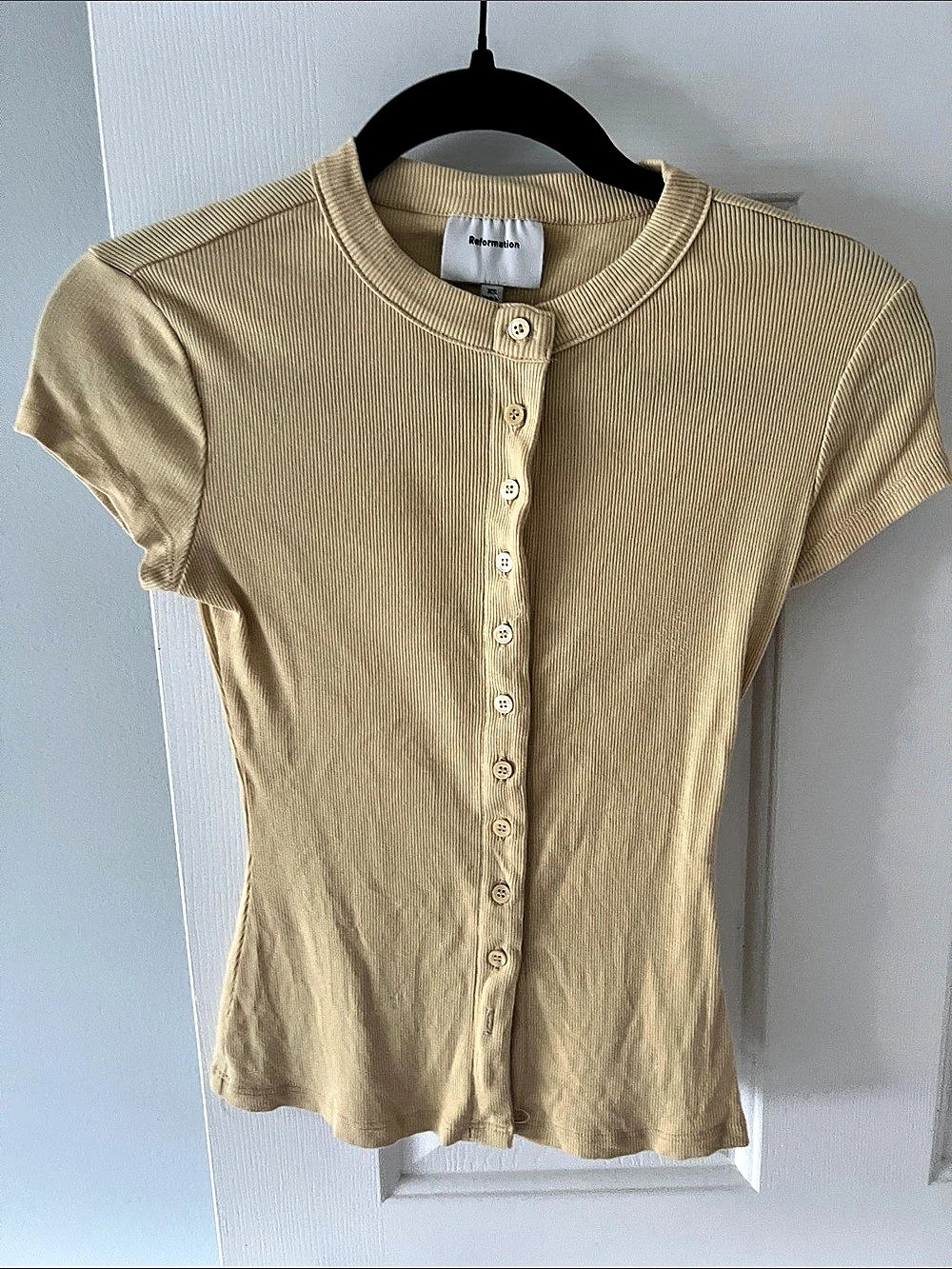 Reformation Raelynn Knit Top Ribbed Short Sleeve Beige XS